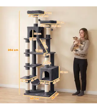 Árbol Rascador para Gatos 204 cm Multinivel con 2 Cuevas Hamaca 2 Camas Postes de Sisal Escalera 2 Bolas Gris Oscuro