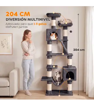 Árbol Rascador para Gatos 204 cm Multinivel con 2 Cuevas Hamaca 2 Camas Postes de Sisal Escalera 2 Bolas Gris Oscuro