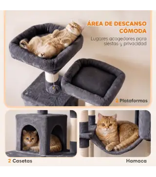 Árbol Rascador para Gatos 204 cm Multinivel con 2 Cuevas Hamaca 2 Camas Postes de Sisal Escalera 2 Bolas Gris Oscuro