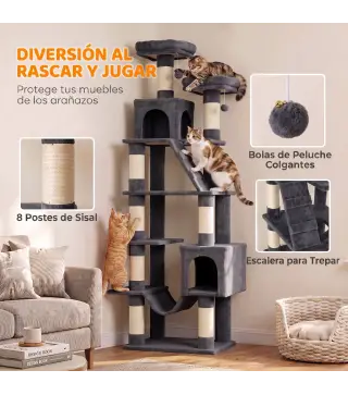 Árbol Rascador para Gatos 204 cm Multinivel con 2 Cuevas Hamaca 2 Camas Postes de Sisal Escalera 2 Bolas Gris Oscuro