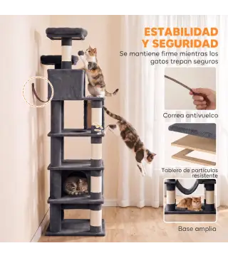 Árbol Rascador para Gatos 204 cm Multinivel con 2 Cuevas Hamaca 2 Camas Postes de Sisal Escalera 2 Bolas Gris Oscuro