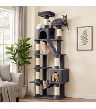 Árbol Rascador para Gatos 204 cm Multinivel con 2 Cuevas Hamaca 2 Camas Postes de Sisal Escalera 2 Bolas Gris Oscuro