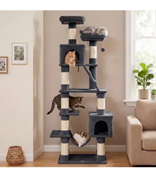 Árbol Rascador para Gatos 204 cm Multinivel con 2 Cuevas Hamaca 2 Camas Postes de Sisal Escalera 2 Bolas Gris Oscuro