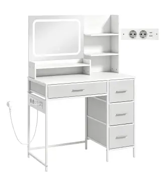 Tocador de Maquillaje con Espejo LED de 3 Colores Estación de Carga 4 Cajones 5 Estantes Soporte para Secador Blanco