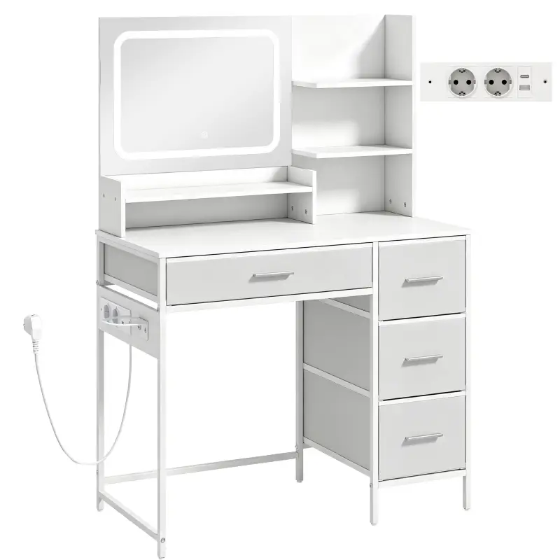 Tocador de Maquillaje con Espejo LED de 3 Colores Estación de Carga 4 Cajones 5 Estantes Soporte para Secador Blanco
