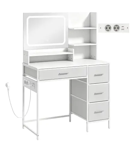 Tocador de Maquillaje con Espejo LED de 3 Colores Estación de Carga 4 Cajones 5 Estantes Soporte para Secador Blanco