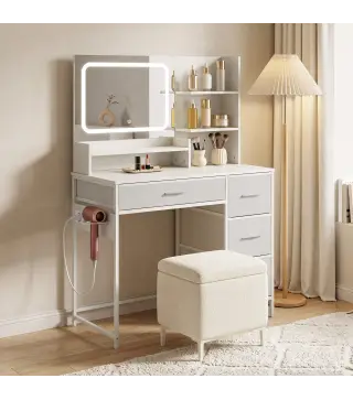 Tocador de Maquillaje con Espejo LED de 3 Colores Estación de Carga 4 Cajones 5 Estantes Soporte para Secador Blanco
