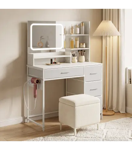 Tocador de Maquillaje con Espejo LED de 3 Colores Estación de Carga 4 Cajones 5 Estantes Soporte para Secador Blanco
