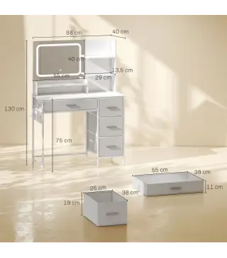 Tocador de Maquillaje con Espejo LED de 3 Colores Estación de Carga 4 Cajones 5 Estantes Soporte para Secador Blanco