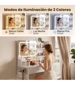 Tocador de Maquillaje con Espejo LED de 3 Colores Estación de Carga 4 Cajones 5 Estantes Soporte para Secador Blanco