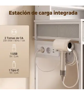 Tocador de Maquillaje con Espejo LED de 3 Colores Estación de Carga 4 Cajones 5 Estantes Soporte para Secador Blanco