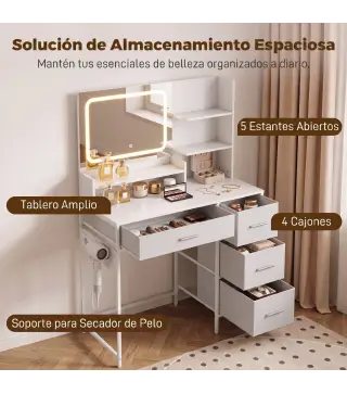 Tocador de Maquillaje con Espejo LED de 3 Colores Estación de Carga 4 Cajones 5 Estantes Soporte para Secador Blanco