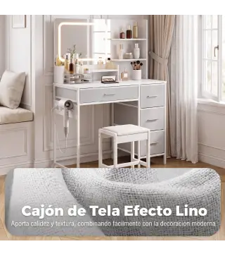 Tocador de Maquillaje con Espejo LED de 3 Colores Estación de Carga 4 Cajones 5 Estantes Soporte para Secador Blanco
