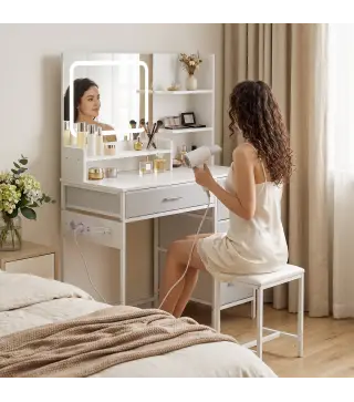Tocador de Maquillaje con Espejo LED de 3 Colores Estación de Carga 4 Cajones 5 Estantes Soporte para Secador Blanco