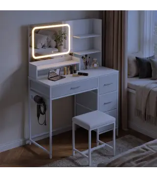 Tocador de Maquillaje con Espejo LED de 3 Colores Estación de Carga 4 Cajones 5 Estantes Soporte para Secador Blanco