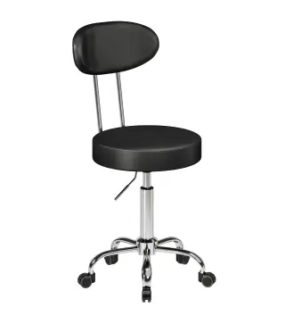 Taburete con Ruedas Giratorio Altura Regulable de Cuero Sintético con Respaldo para Spa Oficina Tatuajes Negro