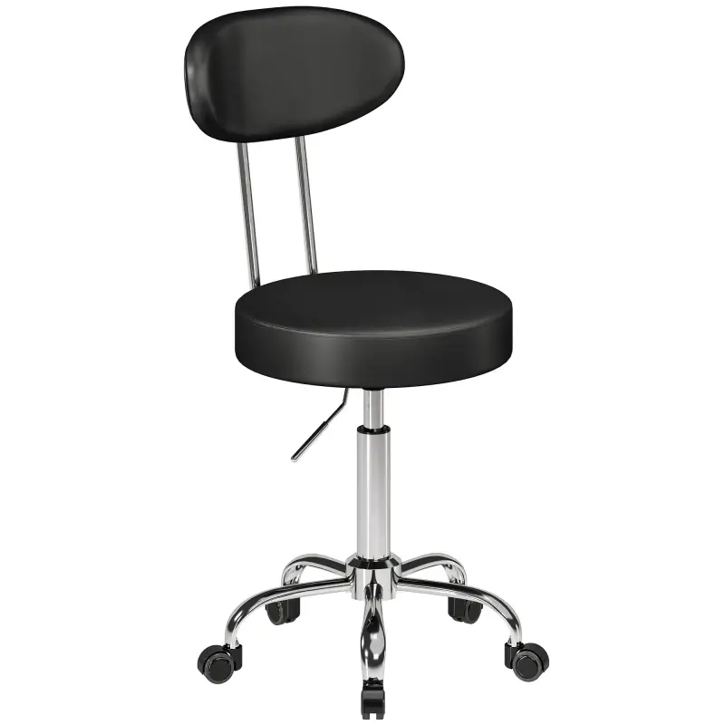 Taburete con Ruedas Giratorio Altura Regulable de Cuero Sintético con Respaldo para Spa Oficina Tatuajes Negro