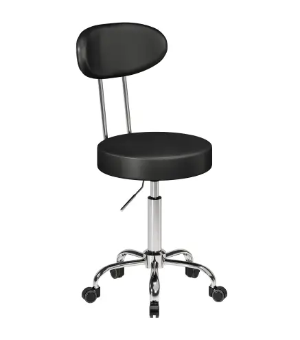 Taburete con Ruedas Giratorio Altura Regulable de Cuero Sintético con Respaldo para Spa Oficina Tatuajes Negro