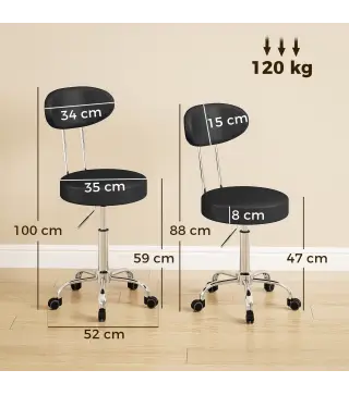 Taburete con Ruedas Giratorio Altura Regulable de Cuero Sintético con Respaldo para Spa Oficina Tatuajes Negro