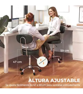 Taburete con Ruedas Giratorio Altura Regulable de Cuero Sintético con Respaldo para Spa Oficina Tatuajes Negro