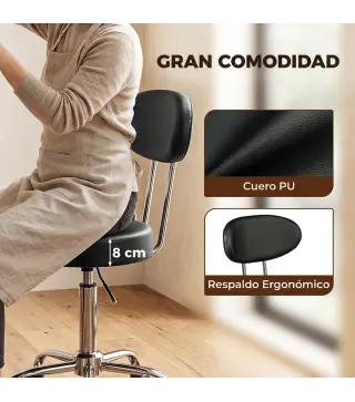 Taburete con Ruedas Giratorio Altura Regulable de Cuero Sintético con Respaldo para Spa Oficina Tatuajes Negro