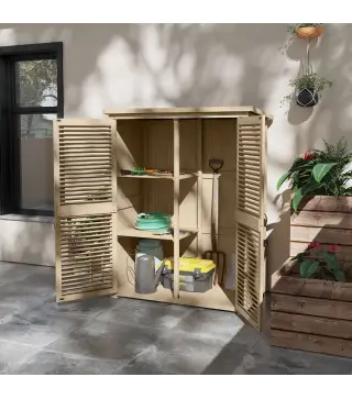 Armario de Jardín 0,83 m² 127x65x168 cm con 2 Puertas de Persiana 2 Estantes 2 Asas y Techo Impermeable Natural