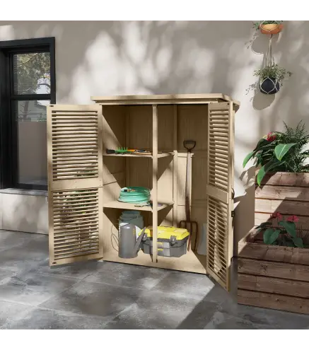 Armario de Jardín 0,83 m² 127x65x168 cm con 2 Puertas de Persiana 2 Estantes 2 Asas y Techo Impermeable Natural