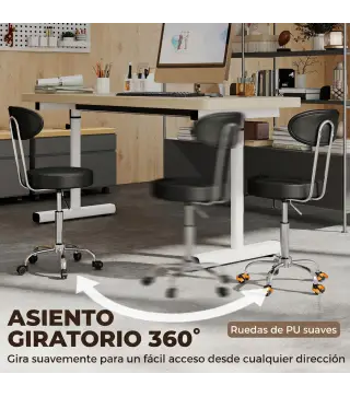 Taburete con Ruedas Giratorio Altura Regulable de Cuero Sintético con Respaldo para Spa Oficina Tatuajes Negro