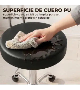 Taburete con Ruedas Giratorio Altura Regulable de Cuero Sintético con Respaldo para Spa Oficina Tatuajes Negro