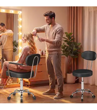 Taburete con Ruedas Giratorio Altura Regulable de Cuero Sintético con Respaldo para Spa Oficina Tatuajes Negro