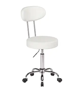 Taburete con Ruedas Giratorio Altura Regulable de Cuero Sintético con Respaldo para Spa Oficina Tatuajes Blanco
