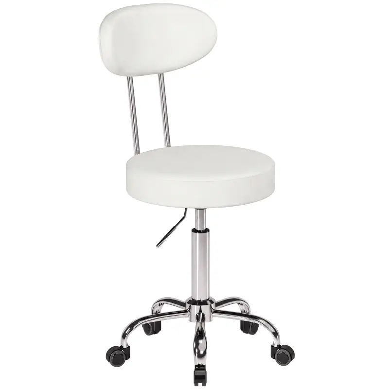 Taburete con Ruedas Giratorio Altura Regulable de Cuero Sintético con Respaldo para Spa Oficina Tatuajes Blanco Taburete con Ruedas Giratorio Altura Regulable de Cuero Sintético con Respaldo para Spa Oficina Tatuajes Blanco