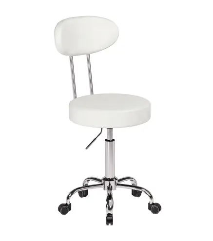 Taburete con Ruedas Giratorio Altura Regulable de Cuero Sintético con Respaldo para Spa Oficina Tatuajes Blanco