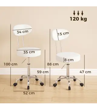 Taburete con Ruedas Giratorio Altura Regulable de Cuero Sintético con Respaldo para Spa Oficina Tatuajes Blanco
