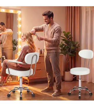 Taburete con Ruedas Giratorio Altura Regulable de Cuero Sintético con Respaldo para Spa Oficina Tatuajes Blanco