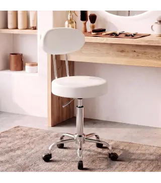 Taburete con Ruedas Giratorio Altura Regulable de Cuero Sintético con Respaldo para Spa Oficina Tatuajes Blanco