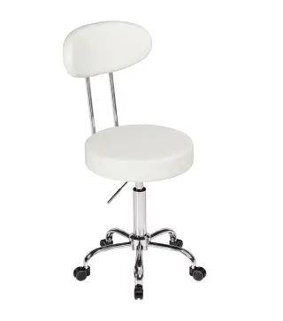 Taburete con Ruedas Giratorio Altura Regulable de Cuero Sintético con Respaldo para Spa Oficina Tatuajes Blanco