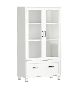 Archivador con Puertas de Cristal y Cajón Armario de Oficina con Barras Ajustables para Archivos 75x40x141 cm Blanco