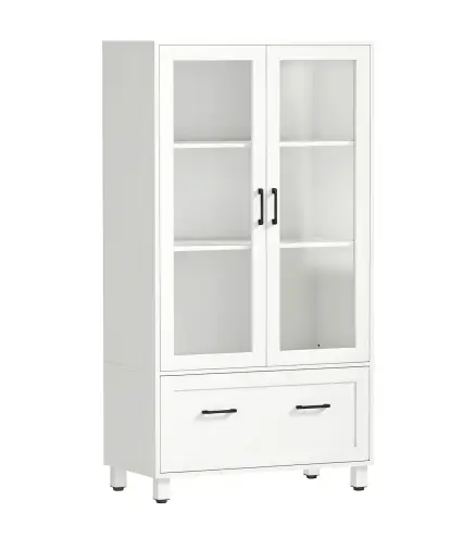 Archivador con Puertas de Cristal y Cajón Armario de Oficina con Barras Ajustables para Archivos 75x40x141 cm Blanco