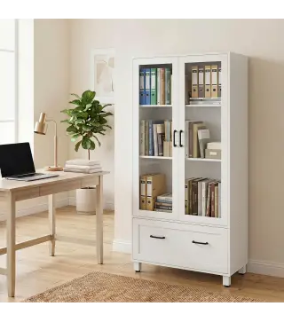 Archivador con Puertas de Cristal y Cajón Armario de Oficina con Barras Ajustables para Archivos 75x40x141 cm Blanco