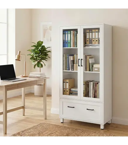 Archivador con Puertas de Cristal y Cajón Armario de Oficina con Barras Ajustables para Archivos 75x40x141 cm Blanco