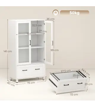 Archivador con Puertas de Cristal y Cajón Armario de Oficina con Barras Ajustables para Archivos 75x40x141 cm Blanco