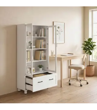 Archivador con Puertas de Cristal y Cajón Armario de Oficina con Barras Ajustables para Archivos 75x40x141 cm Blanco