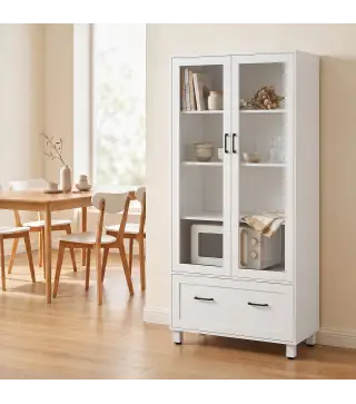 Archivador con Puertas de Cristal y Cajón Armario de Oficina con Barras Ajustables para Archivos 75x40x141 cm Blanco