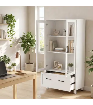 Archivador con Puertas de Cristal y Cajón Armario de Oficina con Barras Ajustables para Archivos 75x40x141 cm Blanco