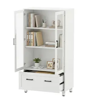 Archivador con Puertas de Cristal y Cajón Armario de Oficina con Barras Ajustables para Archivos 75x40x141 cm Blanco