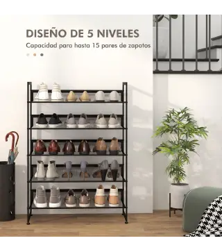 Zapatero de 5 Niveles Zapatero Estrecho de Acero para 15 Pares de Zapatos para Recibidor Entrada Pasillo Negro