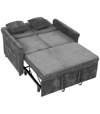 Sofá Cama 2 Plazas 3 en 1 con Respaldo Ajustable 5 Niveles Bolsillos Laterales 2 Almohadas para Sala de Estar Gris
