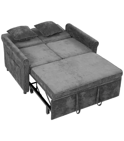 Sofá Cama 2 Plazas 3 en 1 con Respaldo Ajustable 5 Niveles Bolsillos Laterales 2 Almohadas para Sala de Estar Gris