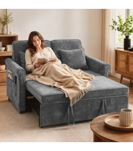 Sofá Cama 2 Plazas 3 en 1 con Respaldo Ajustable 5 Niveles Bolsillos Laterales 2 Almohadas para Sala de Estar Gris